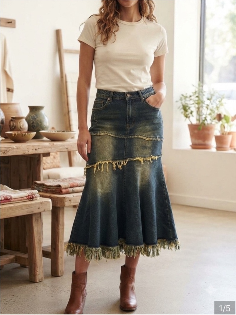 Cider Distressed Denim Midi Skirt with Fringe Detail - Size
Large